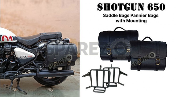 Fit For Royal Enfield Shotgun 650 Black Leather Pannier Bags with Mounting Pair - SPAREZO